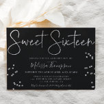 Elegant silver glitter script black Sweet 16 Invitation<br><div class="desc">A chic,  modern and elegant silver glitter script typography Sweet Sixteen birthday party invitation with glitter sparkle confetti on editable black and a glittery silver background at the back. A luxury and elegant sweet sixteen theme.</div>