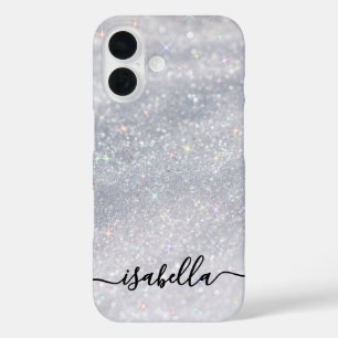 Elegant Silver Glitter Script   Custom Name iPhone 16 Case