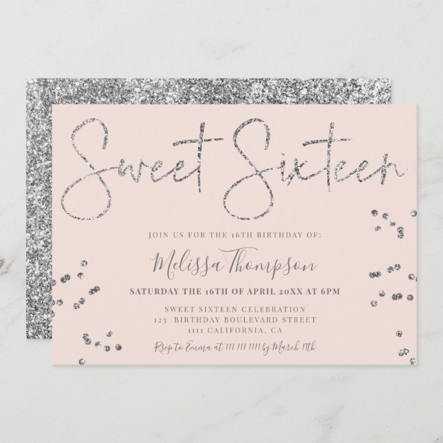 Elegant silver glitter script pink Sweet 16 Invitation (Front/Back)