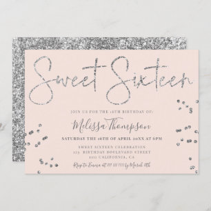Elegant silver glitter script pink Sweet 16 Invitation