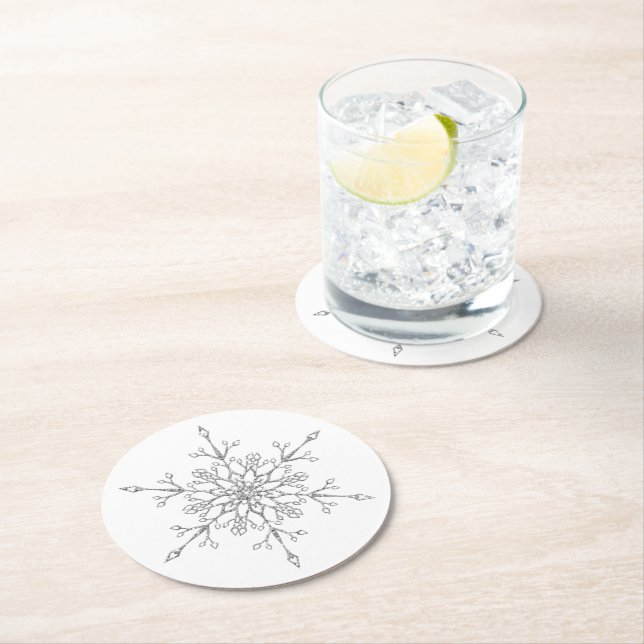 Elegant Silver Glitter Snowflake Christmas Round Paper Coaster (Insitu)