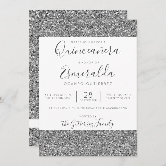 Elegant Silver Glitter Sparkle Quinceanera Invitation (Front/Back)