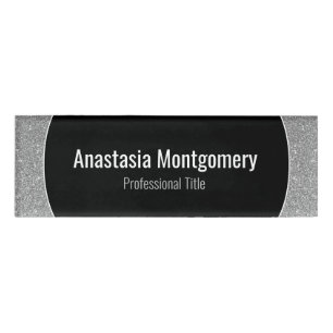 Elegant Silver Glitter Sparkles White Text Name Tag
