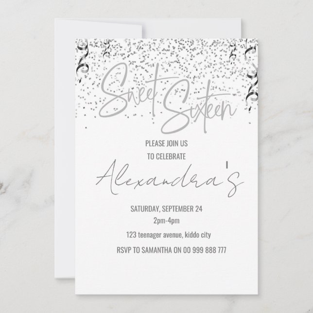 Elegant Silver Glitter Sweet Sixteen Girl Birthday Invitation (Front)