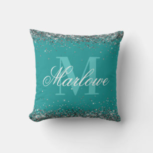 Elegant Silver Glitter Teal Blue Green Monogram Cushion