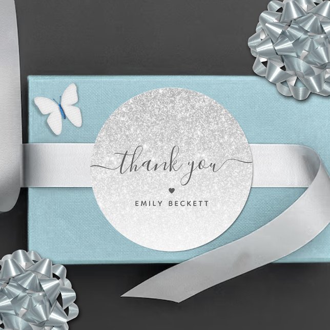 Elegant Silver Glitter Thank You Classic Round Sticker (Creator Uploaded)