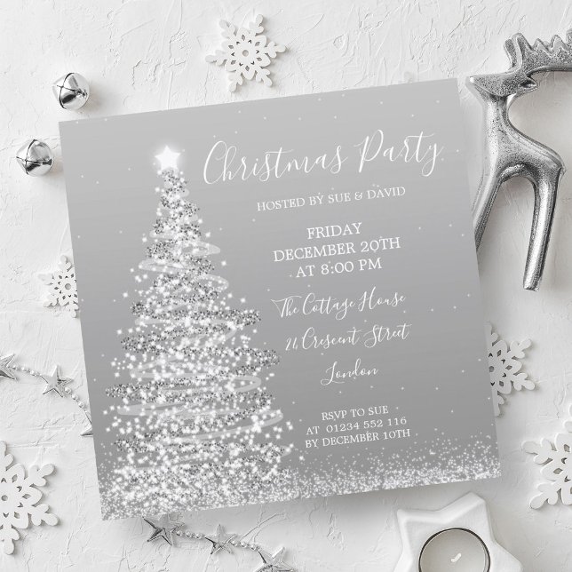 Elegant Silver Glitter Tree Christmas Party  Invitation (Elegant Silver Glitter Tree Christmas Party Invitation)