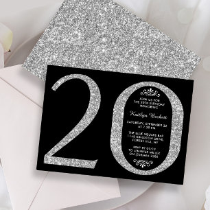 Elegant Silver Glitter Typography 20th Birthday Invitation