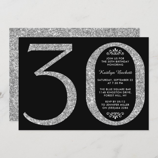 Elegant Silver Glitter Typography 30th Birthday Invitation (Front/Back)