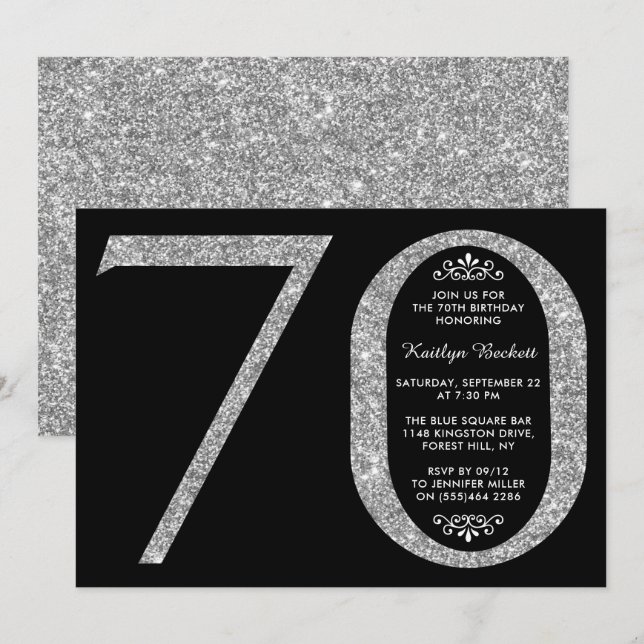 Elegant Silver Glitter Typography 70th Birthday Invitation (Front/Back)