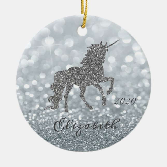 Elegant Silver Glitter Unicorn Bokeh Ceramic Ornament (Front)