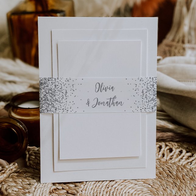 Elegant Silver Glitter White Wedding Invitation Belly Band (Creator Uploaded)
