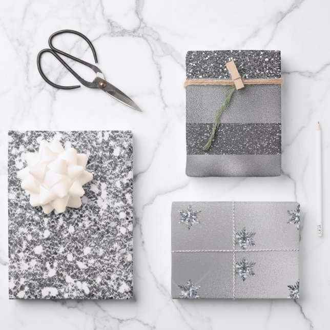 Elegant Silver Glitter Wrapping Paper Sheets (Front)