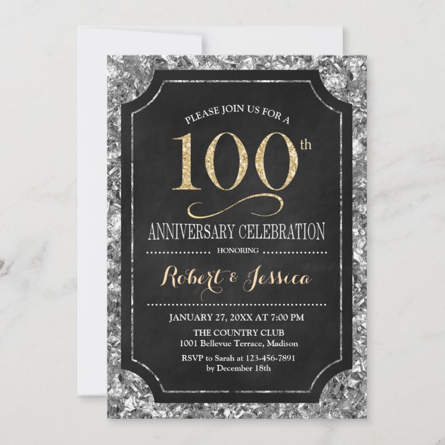 Elegant Silver Gold Black 100th Anniversary Invitation (Front)