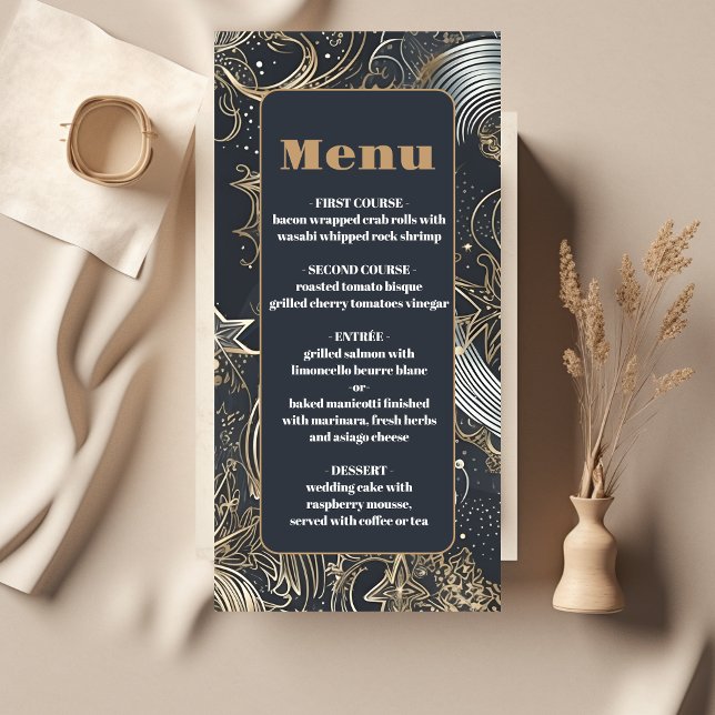 Elegant Silver Gold Celestial Wedding Menu (Creator Uploaded)