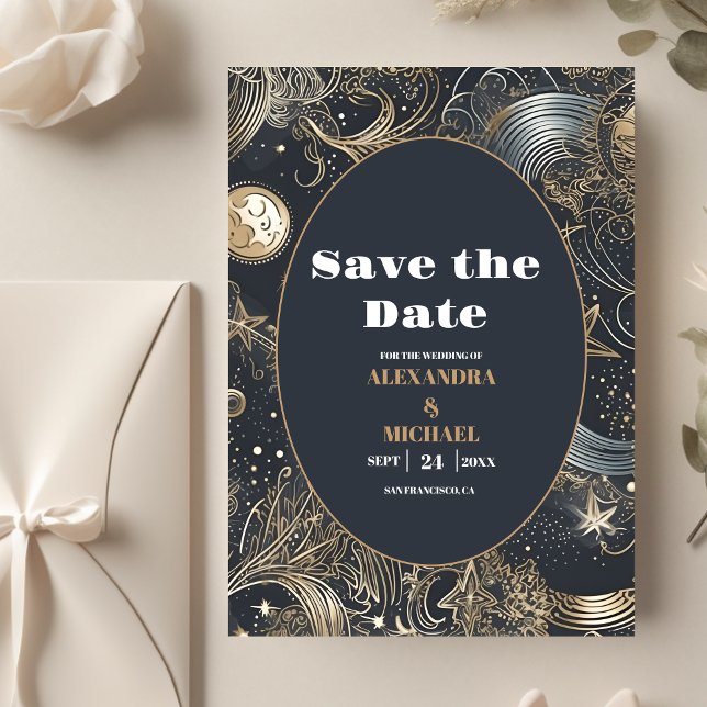 Elegant Silver Gold Celestial Wedding Save The Date (Creator Uploaded)