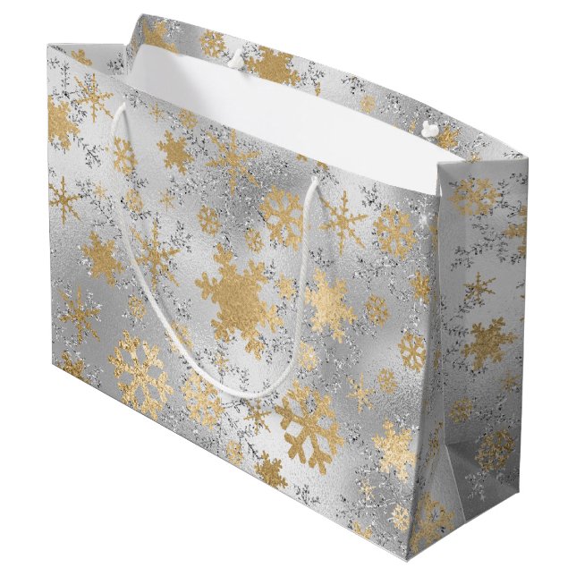 Elegant Silver Gold Christmas Snowflake Pattern Large Gift Bag (Back Angled)