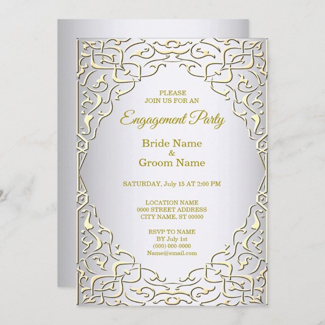 Elegant Silver Gold Decorative Engagement Invitation (Front/Back)