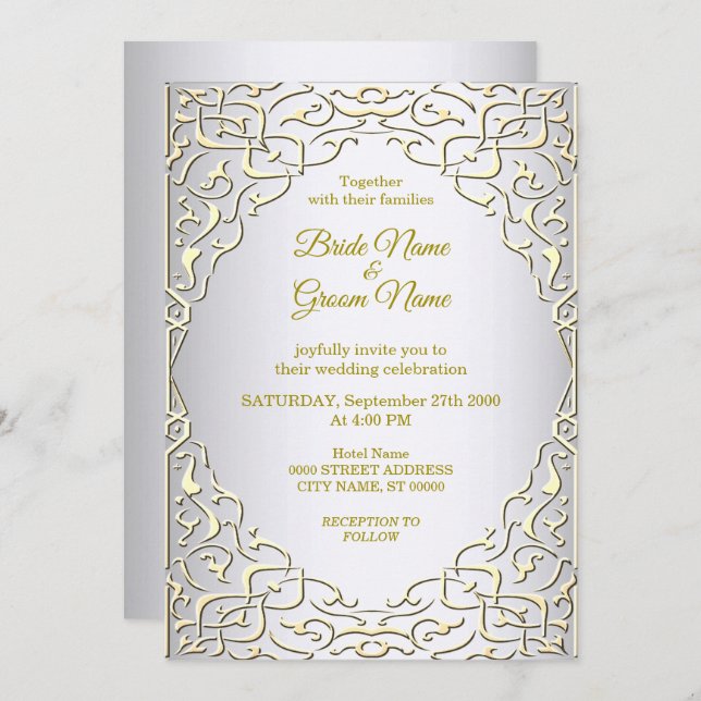 Elegant Silver Gold Decorative Wedding Invitation (Front/Back)
