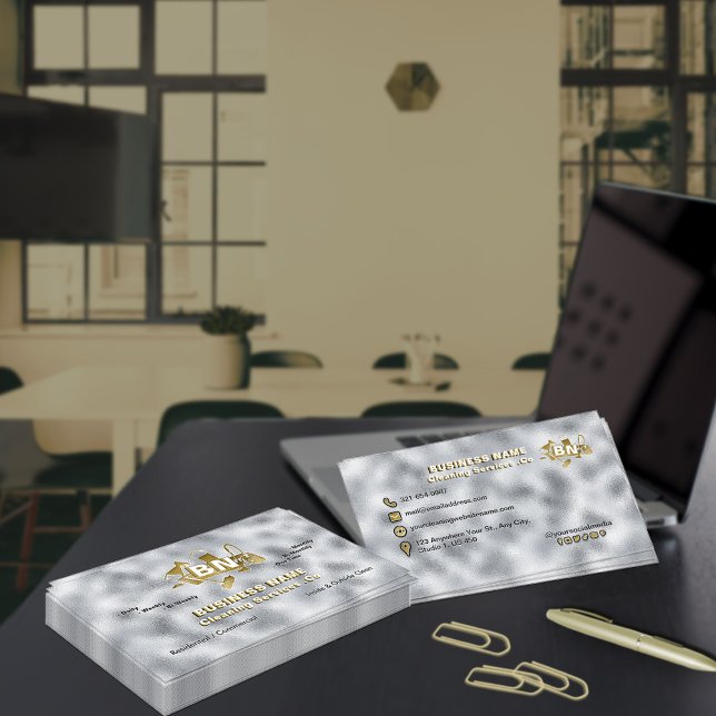 Elegant Silver Gold Foil Cleaning Services Modern Business Card (Creator Uploaded)