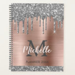 Elegant Silver Gold Glitter Drips Monogram 2022  Planner<br><div class="desc">Luxury silver glitter drips personalised name and monogrammed 2022 or any year planner. This design features silver grey (grey) glitter drips on faux blush pink rose gold brushed metal background with custom initial, monogram and first name text template. Perfect girly personalised gift. Great gift for school, professional work, home office....</div>