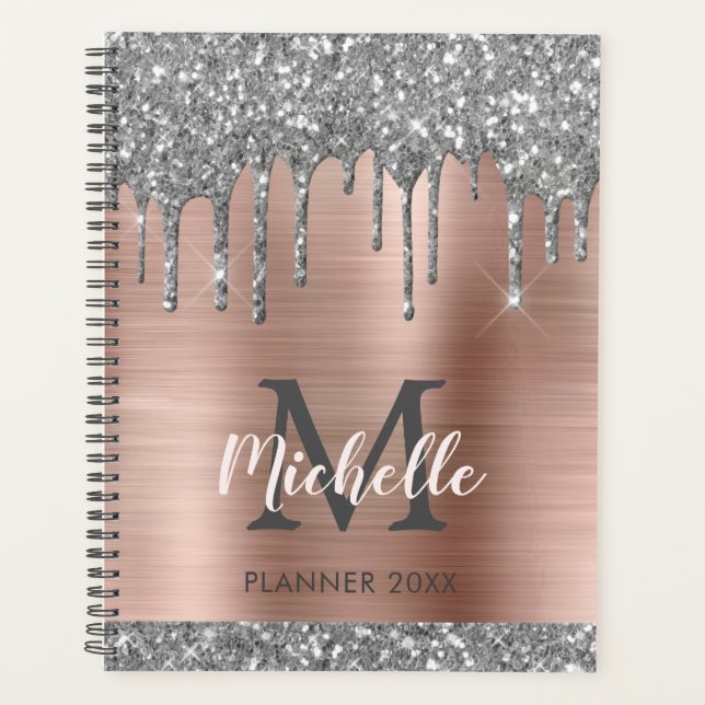 Elegant Silver Gold Glitter Drips Monogram 2022  Planner (Front)