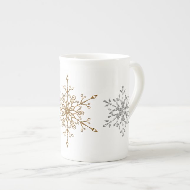 Elegant Silver & Gold Glitter Holiday Snowflakes Bone China Mug (Front Right)