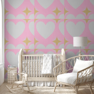 Elegant Silver Gold Heart & Half Stars Grey Pink Wallpaper