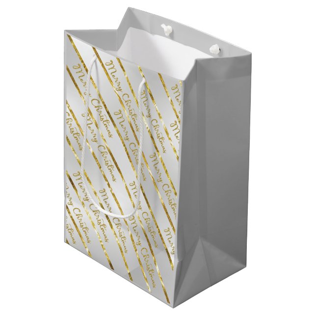 Elegant Silver Gold Merry Christmas   Medium Gift Bag (Front Angled)