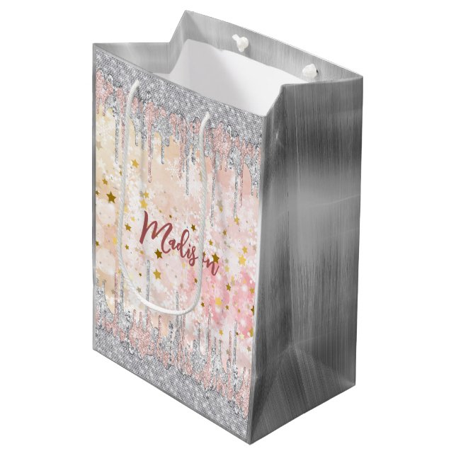 Elegant silver gold rose dripping glitter medium gift bag (Front Angled)