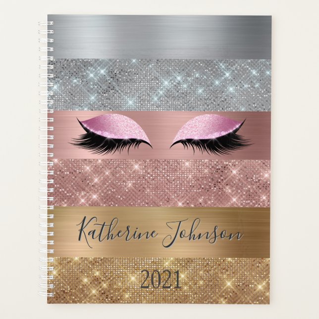 Elegant Silver Gold Rose Gold Glitter Stripes Planner (Front)
