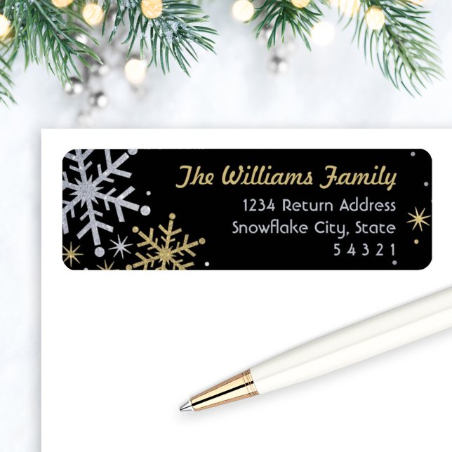 Elegant Silver Gold Snowflake Black Address Return Address Label (Creator Uploaded)