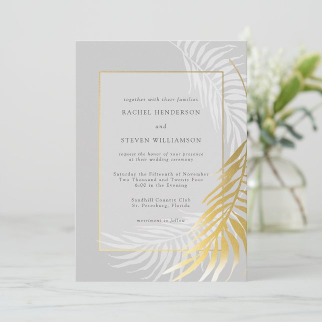 Elegant Silver Gold Wedding Tropical Greenery Invitation (Standing Front)