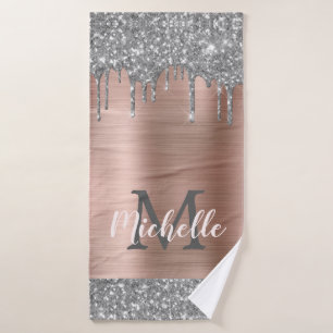Elegant Silver Gray Glitter Drips Monogrammed Bath Towel