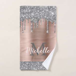 Elegant Silver Gray Glitter Drips Monogrammed Hand Towel