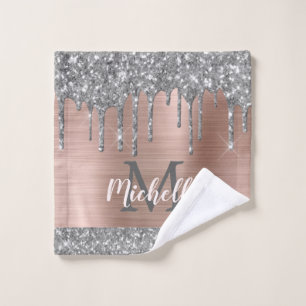 Elegant Silver Gray Glitter Drips Monogrammed Wash Cloth