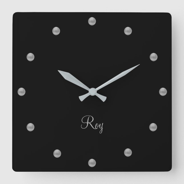Elegant Silver Gray on Black Square Wall Clock (Front)