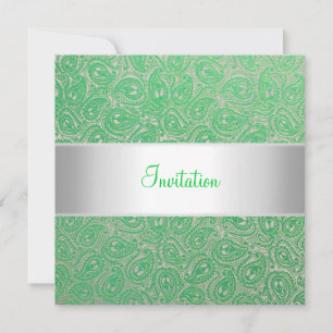 Elegant Silver Green Paisley Party Invitation