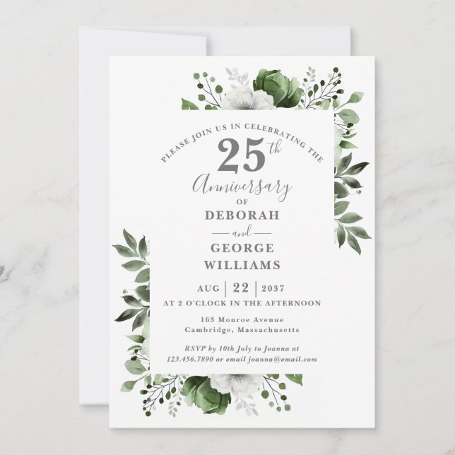 Elegant Silver Greenery 25th Wedding Anniversary  Invitation (Front)