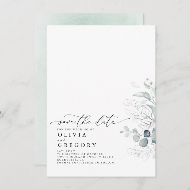 Elegant Silver Greenery Save The Date Announcement (Front/Back)