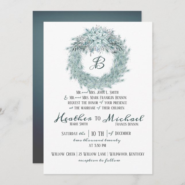 Elegant Silver Greenish Blue Christmas Wedding Invitation (Front/Back)