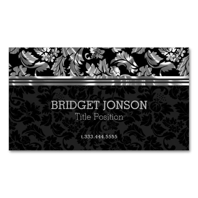 Elegant Silver Grey And Black Damask Magnetic Business Card (Front)