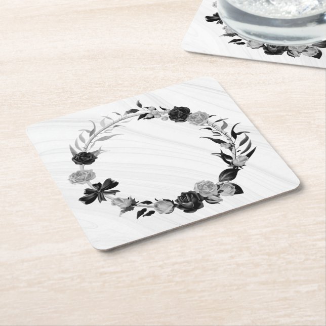 elegant silver grey & black floral square paper coaster (Angled)