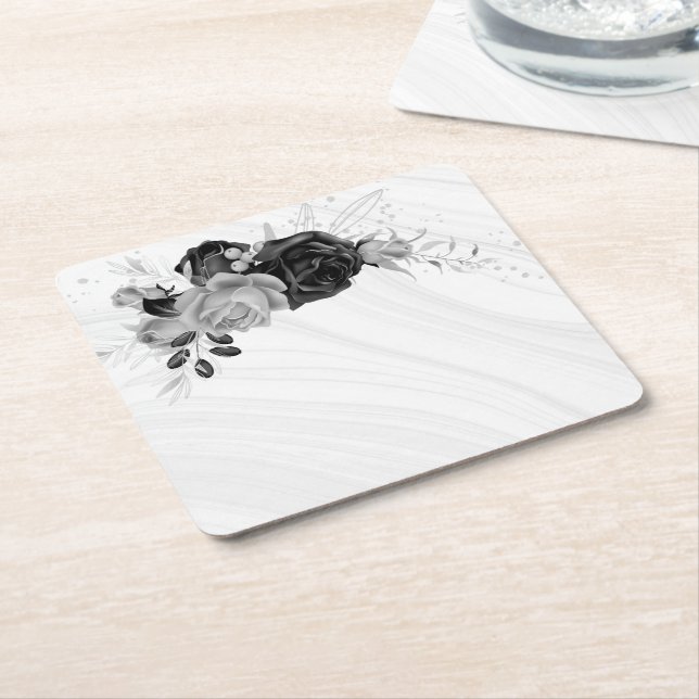 elegant silver grey & black floral square paper coaster (Angled)