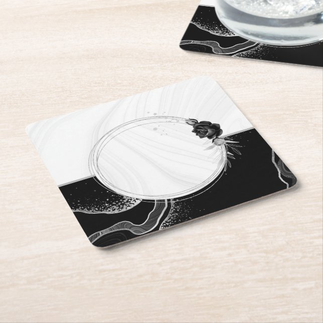 elegant silver grey & black floral square paper coaster (Angled)