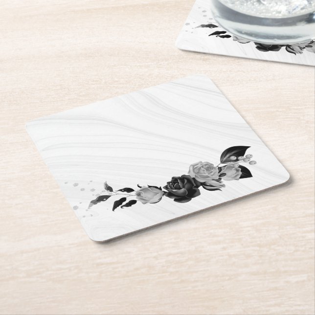 elegant silver grey & black floral square paper coaster (Angled)