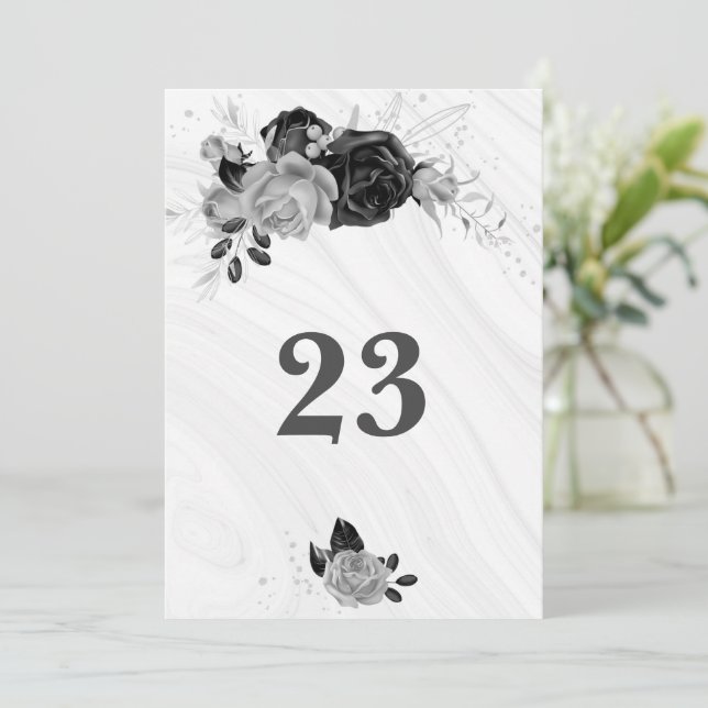 Elegant silver grey & black floral table number (Standing Front)