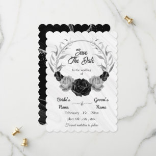 elegant silver grey & black floral wreath save the date