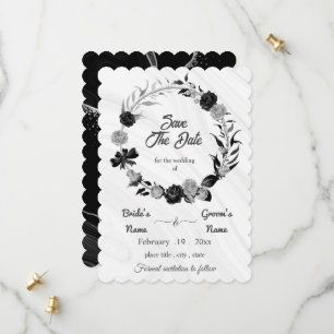 elegant silver grey & black floral wreath save the date