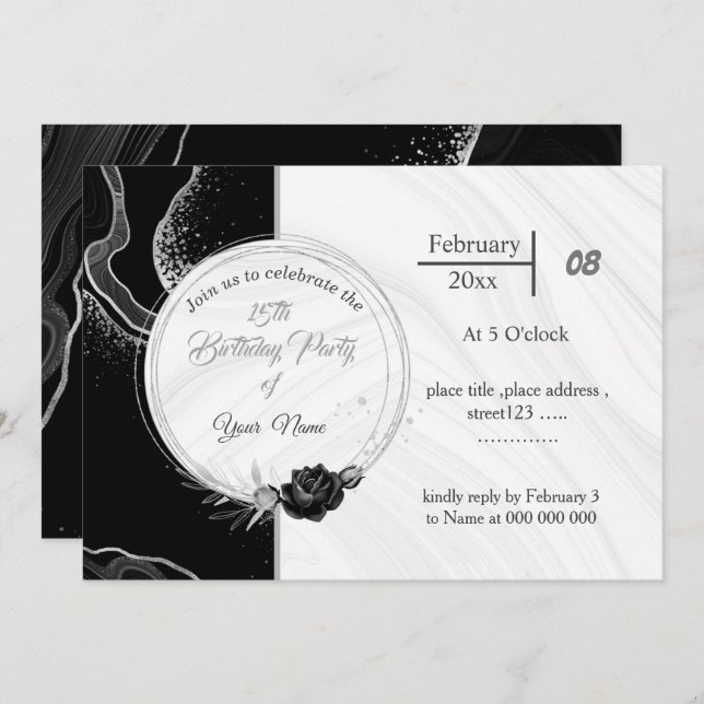elegant silver grey & black flowers birthday  invitation (Front/Back)